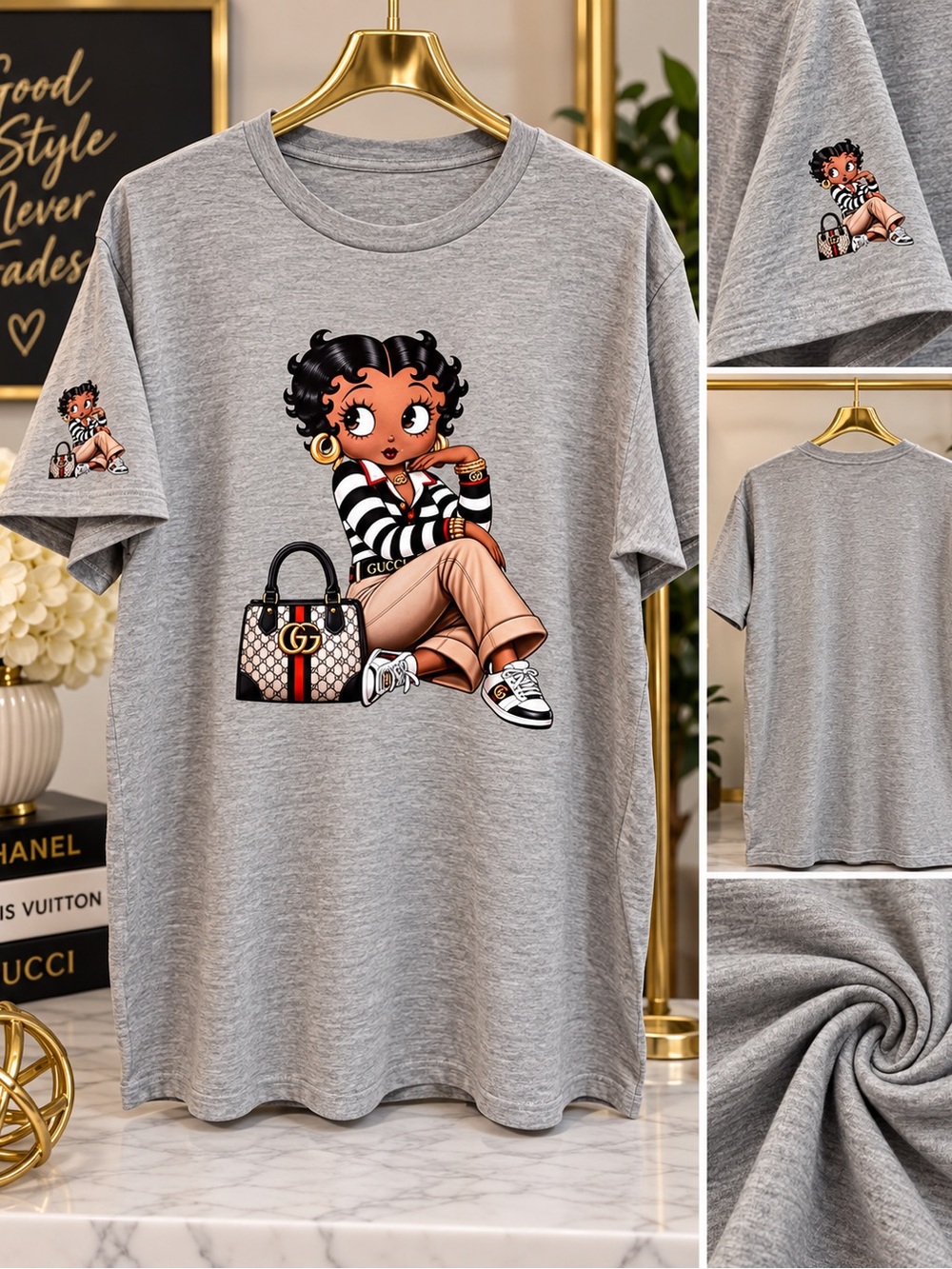 Betty Boop Graphic Tee with Striped Top Print in Plus Size